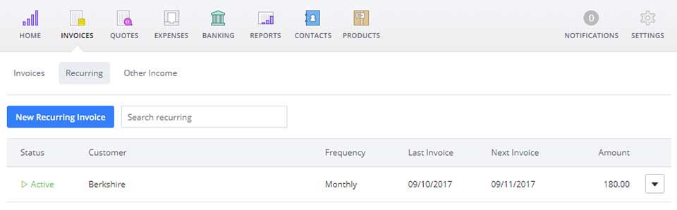 Your recurring invoices tab is found under your 'Invoices' tab in your Debitoor invoicing software account