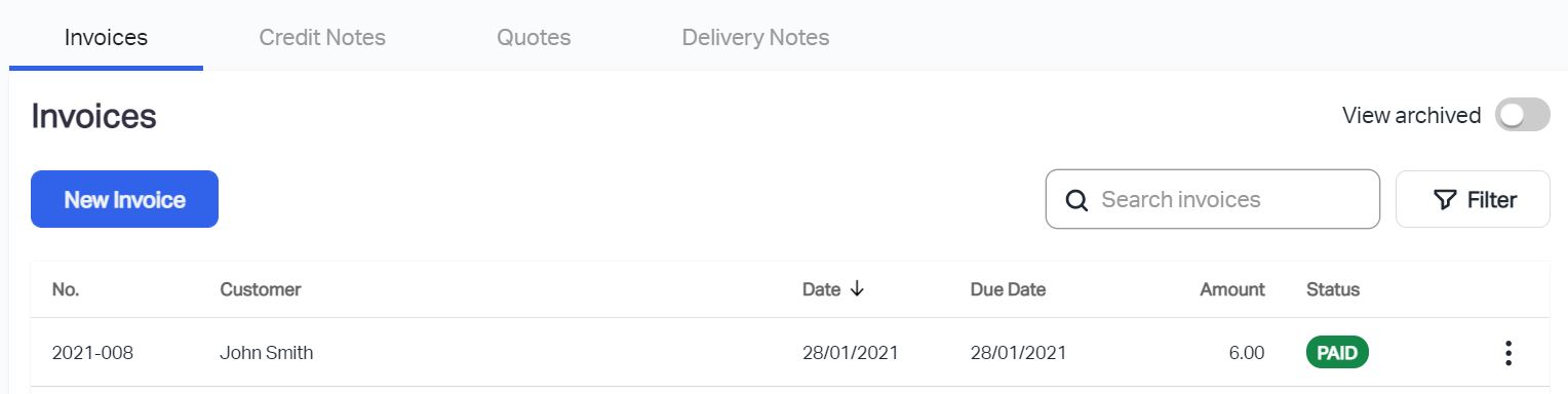 Image showing the new credit notes, quotes, and delivery notes tabs within the customer page on Debitoor