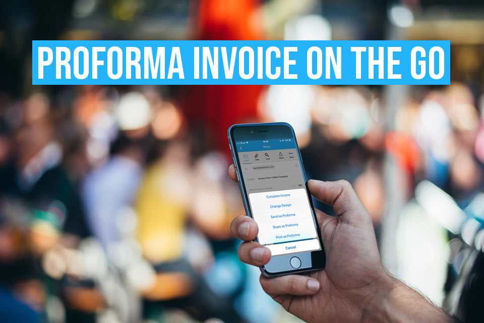 Someone using the Debitoor iOS app on their iPhone, choosing whether to send or print the proforma invoice they created through their invoicing app