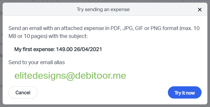Example of 'Create Email Alias' pop up in Debitoor invoicing software.