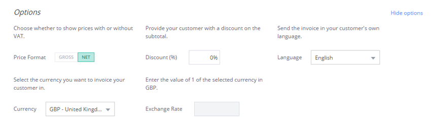 Select your price format, add a discount, or change the language and currency of your invoice template