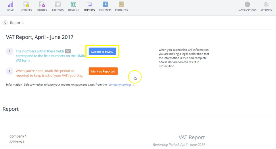 The button to submit a VAT return online to HMRC from your Debitoor account.