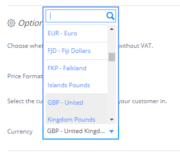 Image of Debitoor desktop app currency dropdown menu