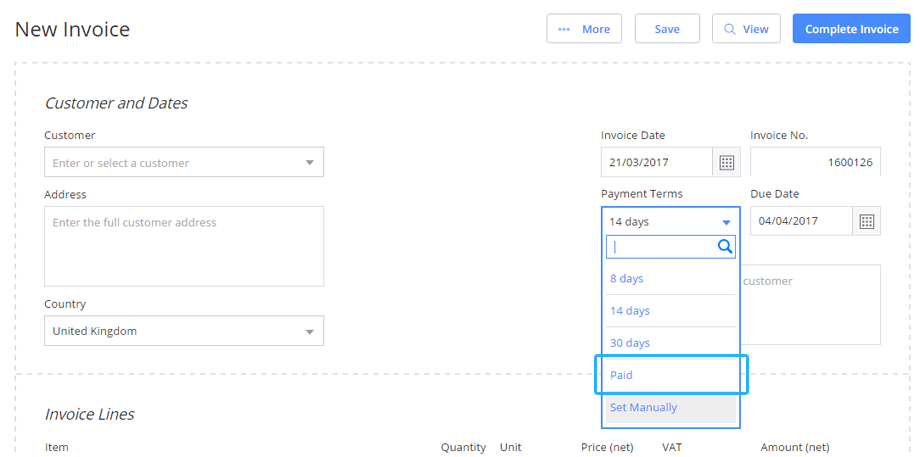 Remove a payment due date from your invoice template by changing the payment terms