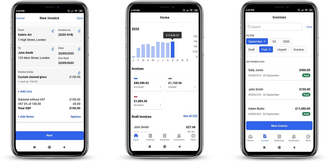 Image showing the new Debitoor mobile app design and invoice list