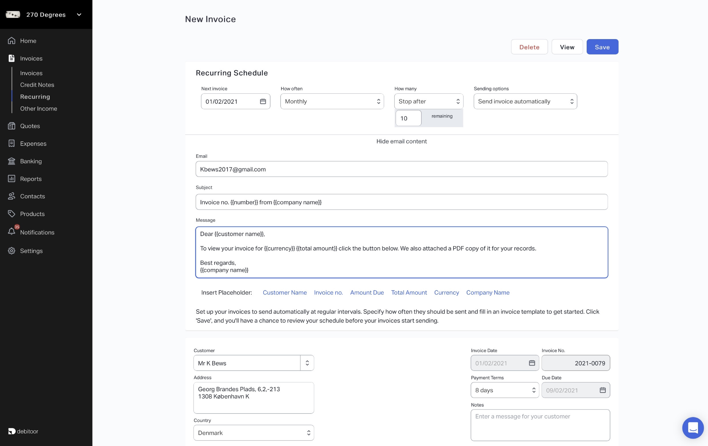 This image shows how you can set up a recurring invoice for customers who wish to pay in instalments.