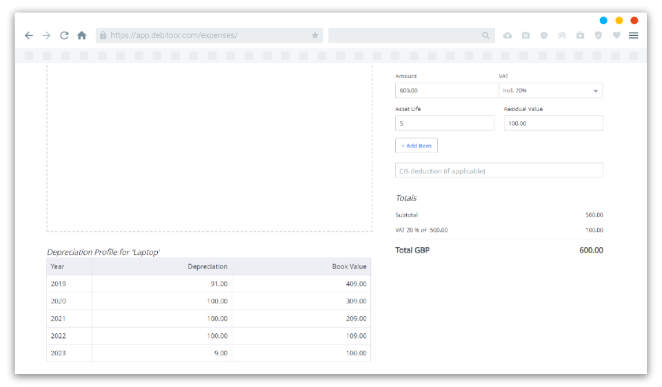 A screenshot of depreciation in Debitoor accounting and invoicing software