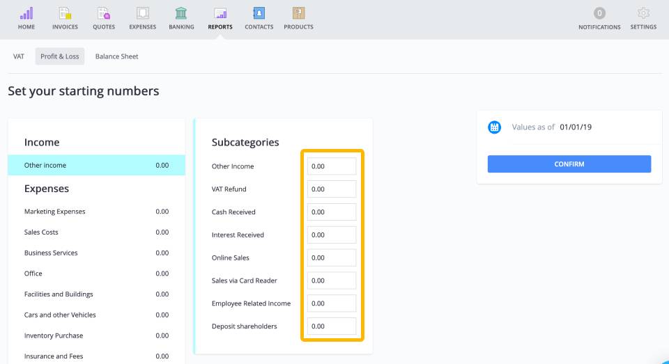 Add starting numbers to the profit & loss in your Debitoor account