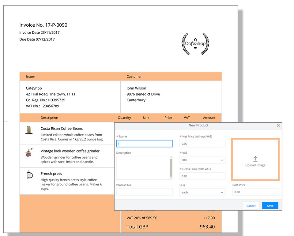 Beautiful, professional invoices featuring images of your products are just a click away with Debitoor invoicing software