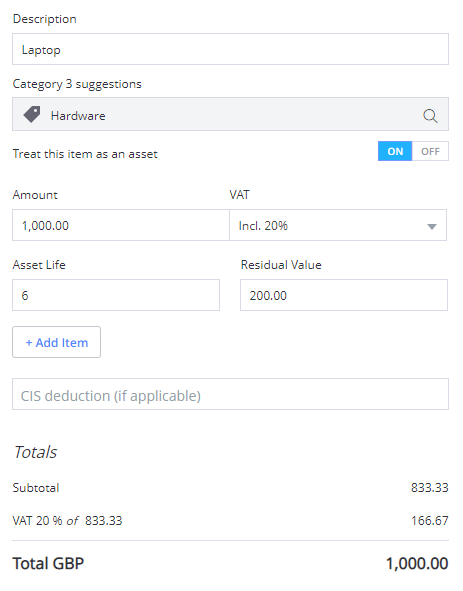 A screenshot of an asset being recorded with Debitoor invoicing software