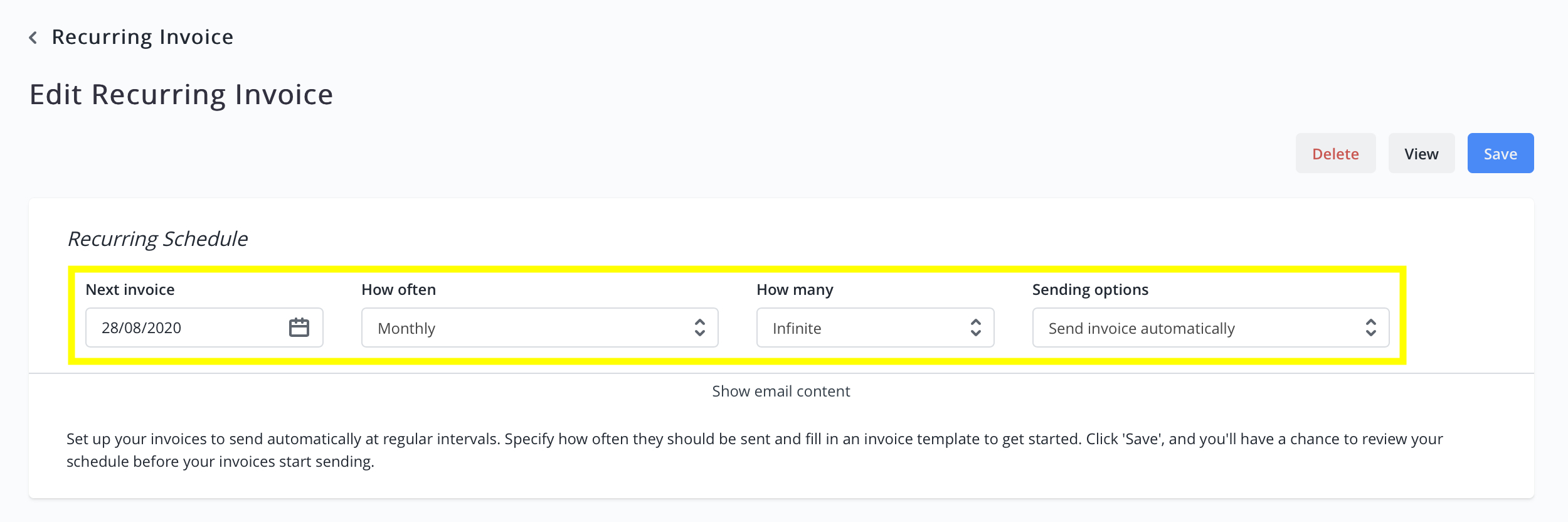 When you create a new recurring invoice, you can schedule the starting date, the invoice frequency, the number of occurrences, and the sending options.