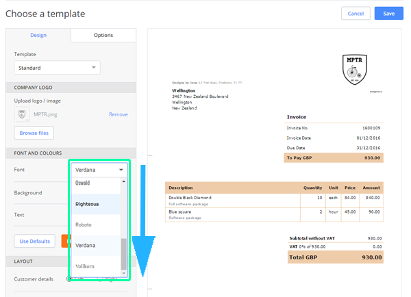 Change the font of your invoice | Debitoor invoicing software