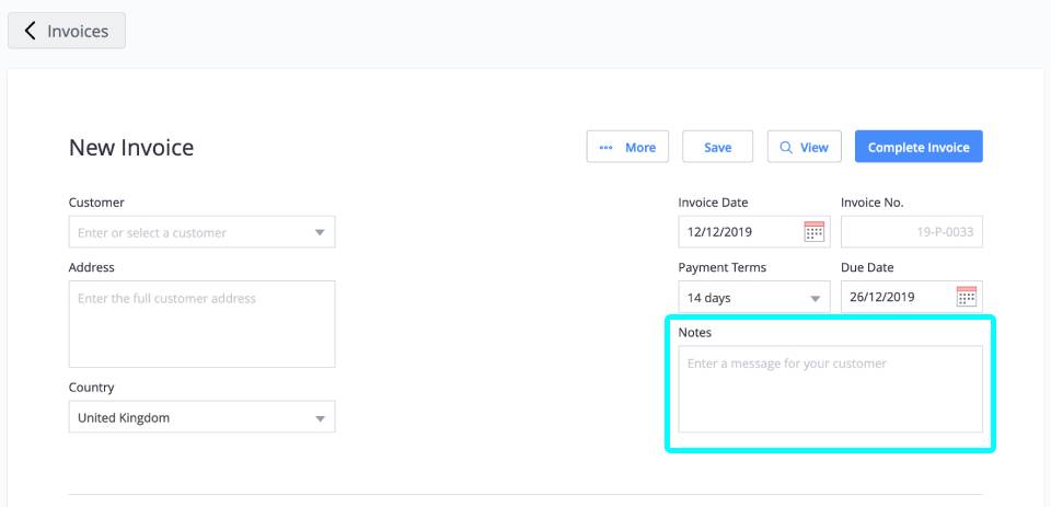 Notes field screenshot in Debitoor invoicing