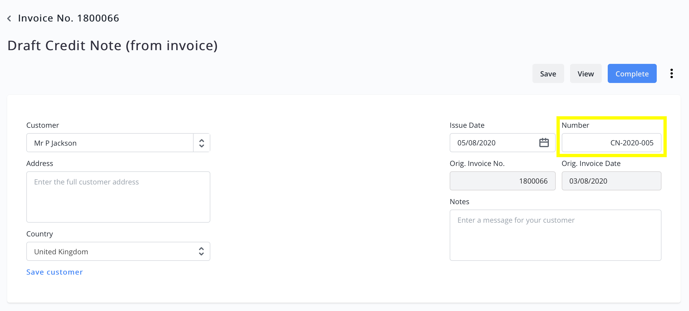 When you draft your credit note, you can find the credit note number in the top right hand corner.