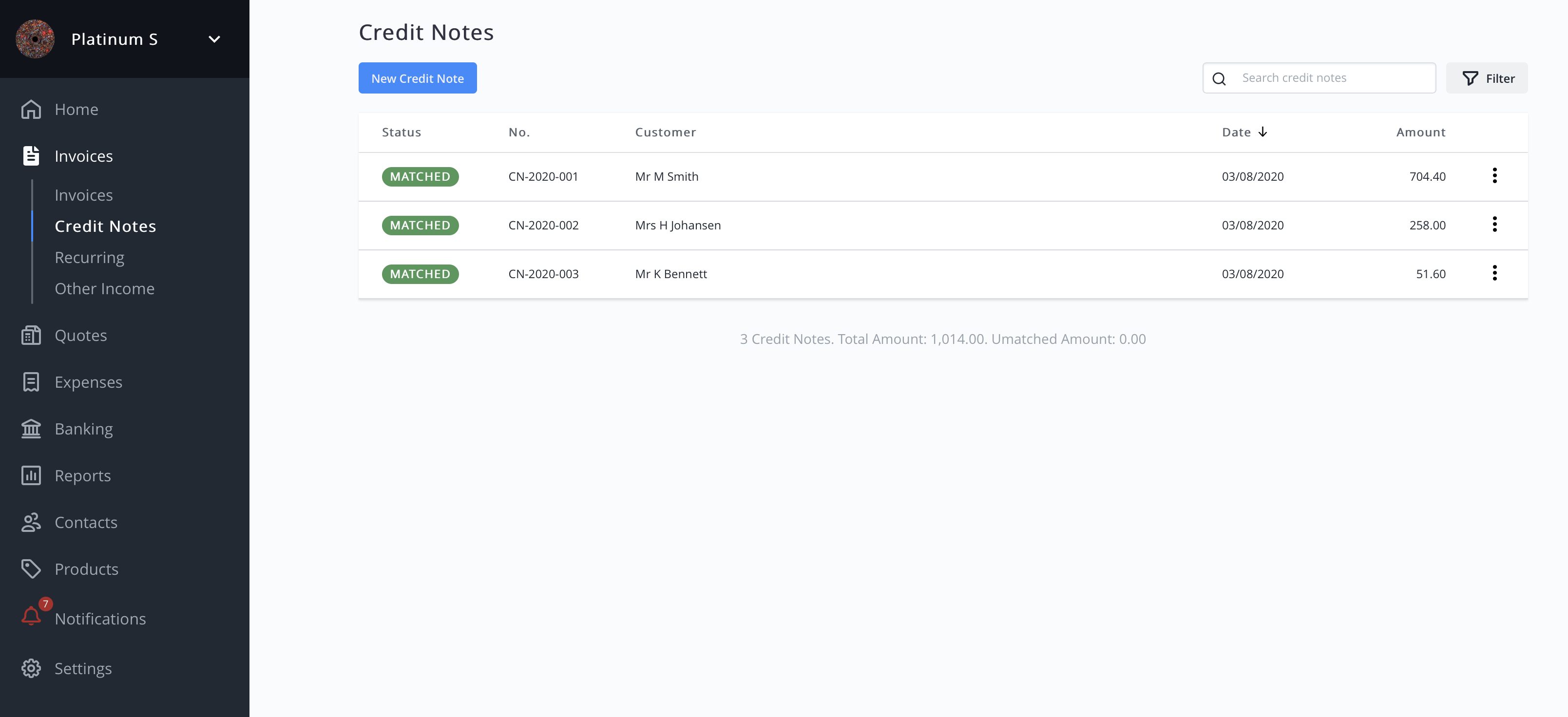 Debitoor invoicing software will match your credit notes with your invoices, and their status will be changed to ‘matched’ and ‘paid’.