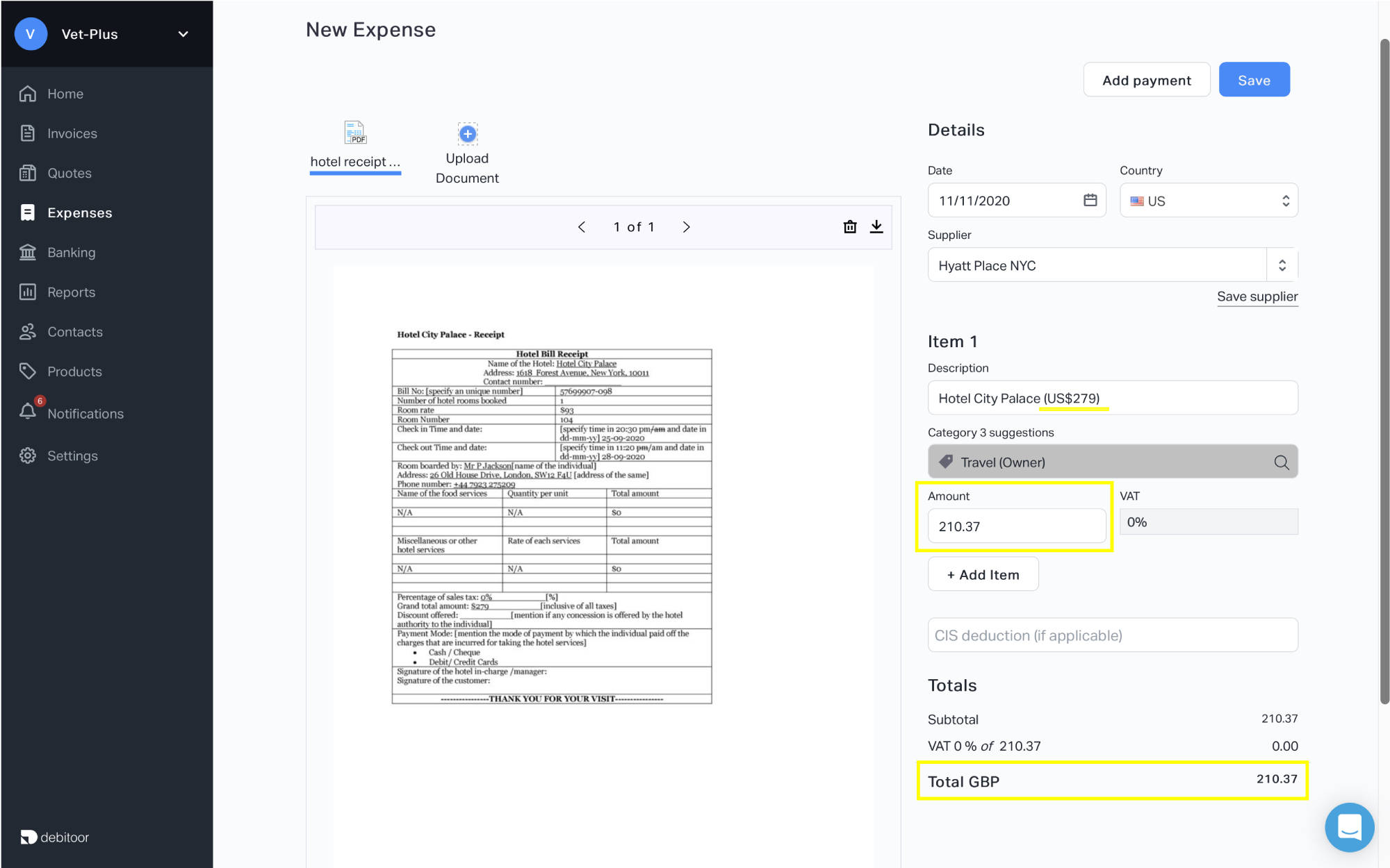 Expenses must always be recorded in the case currency of your Debitoor account