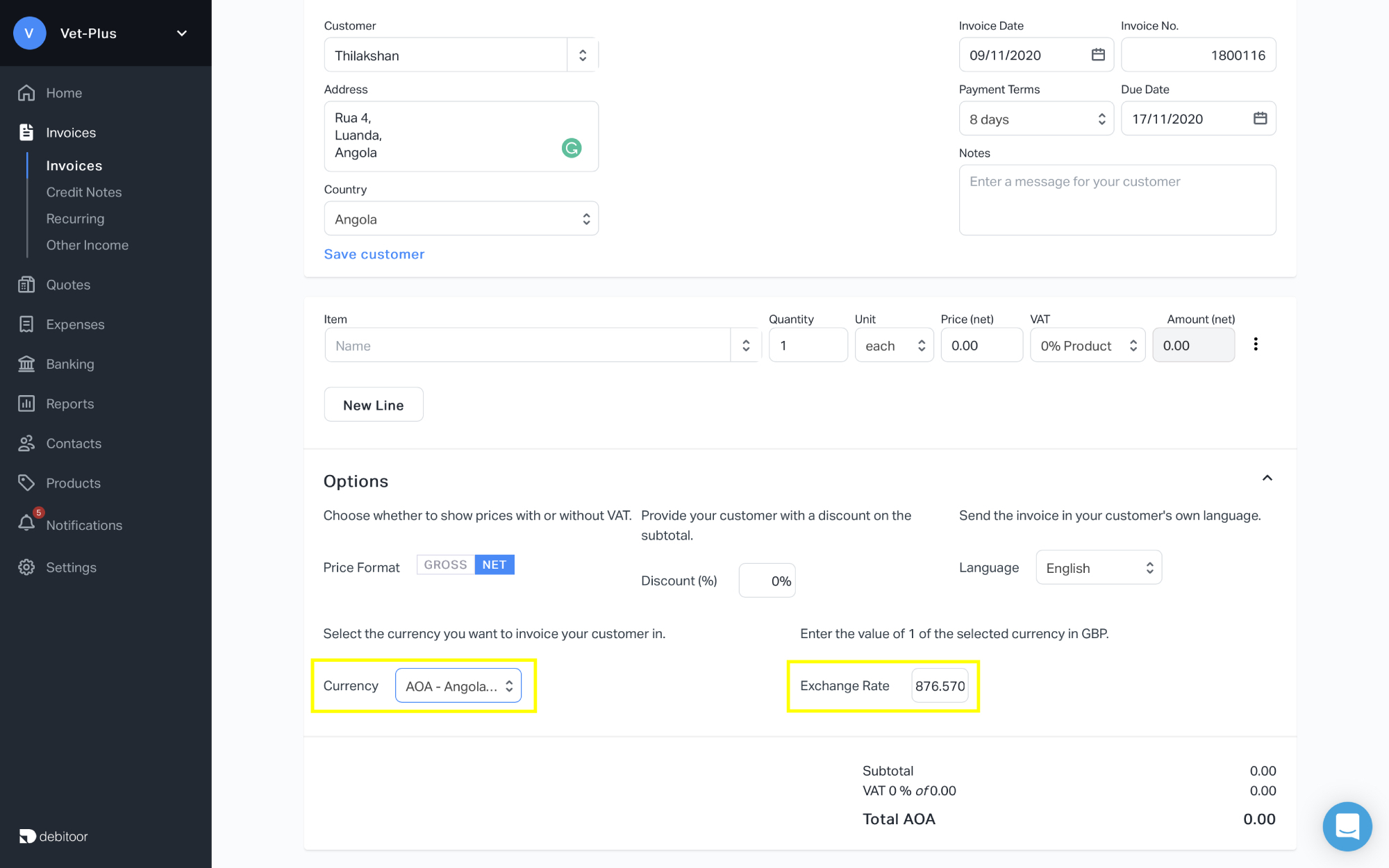 You can change your prices to match your chosen currency using the up-t-date exchange rate Debitoor provides.