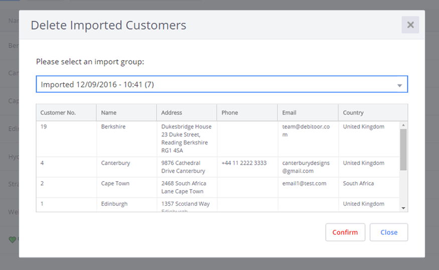 Select the import group to remove and click 'Confirm'