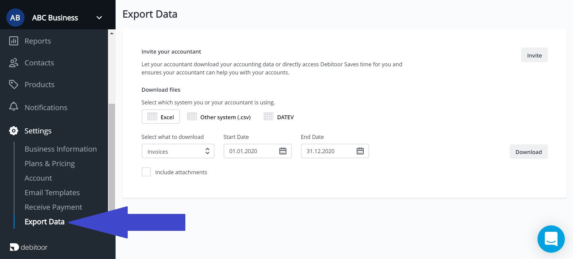 Where to find the export data option