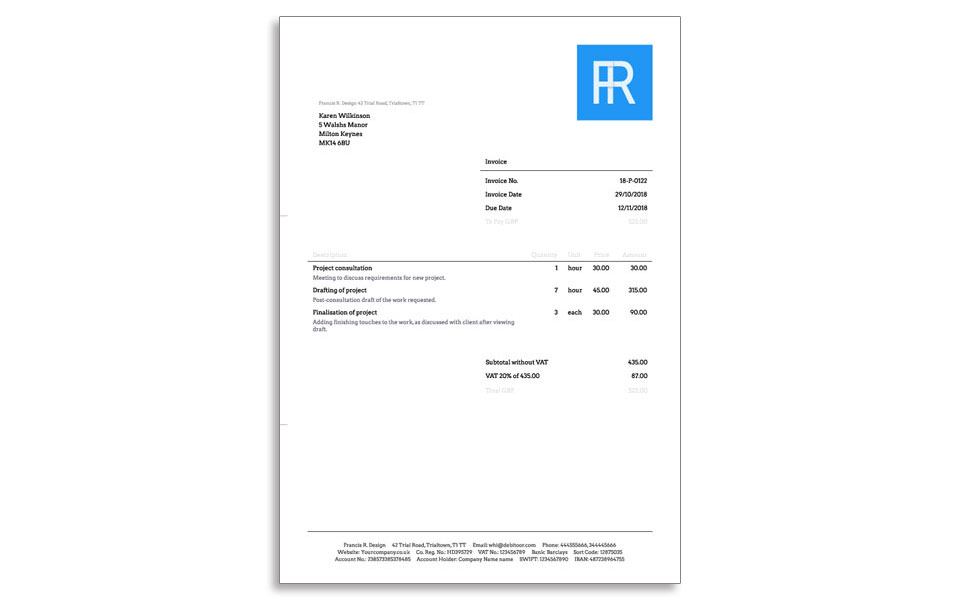 An invoice with a little more focus on the visuals, an example made with Debitoor invoicing software.