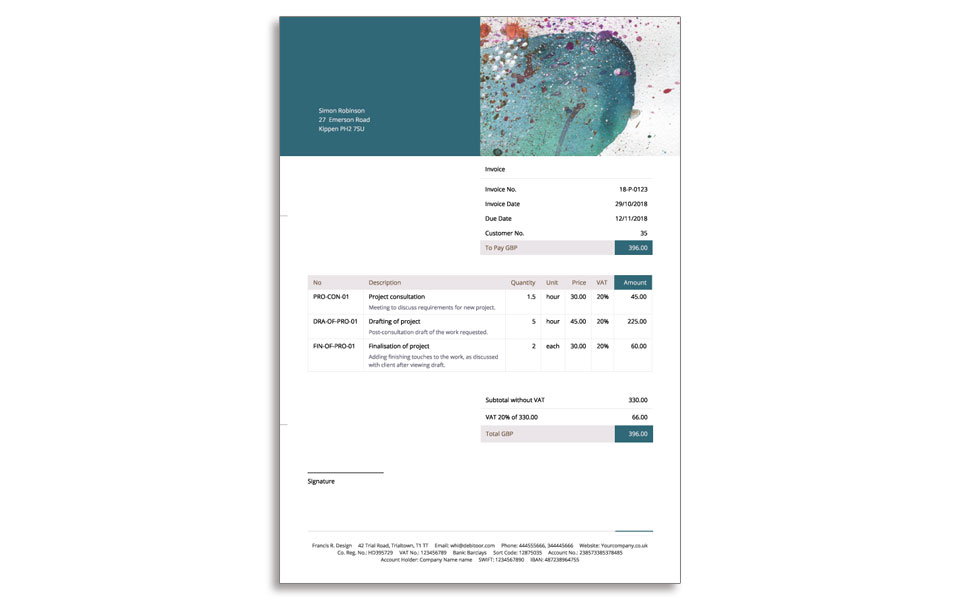 A sample of an invoice design with a bit more colour, created with Debitoor invoice designer.