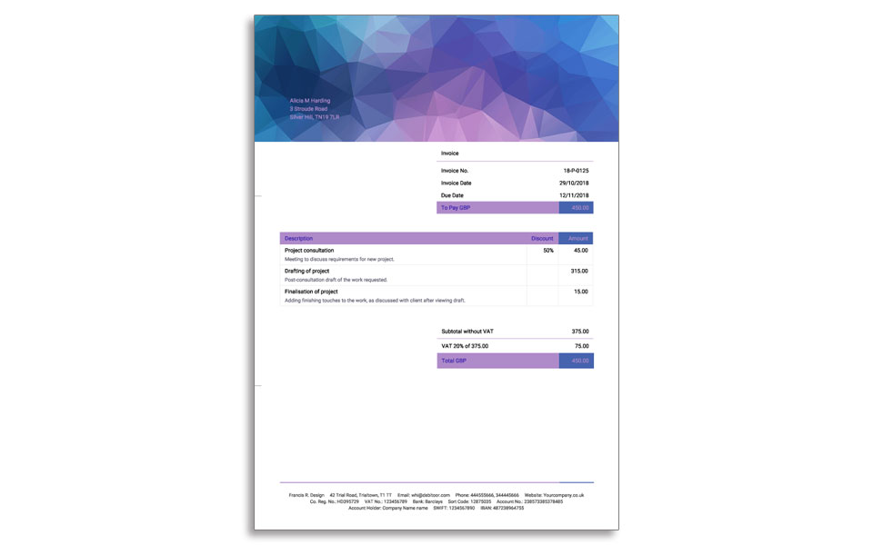 An example of a simple, elegant invoice design created with Debitoor invoicing software.