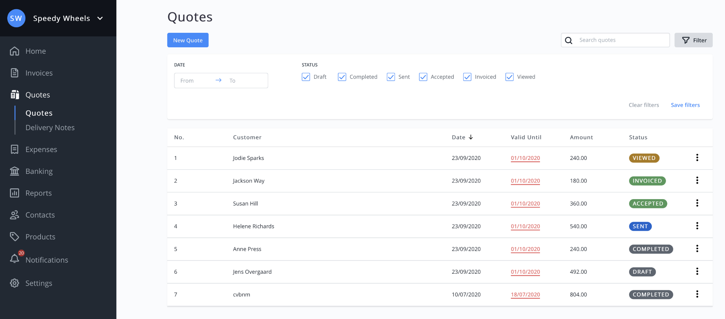 There are 6 different statuses of quotes that you can use to filter your list. These are ‘Completed’, ‘Sent’, ‘Accepted’, ‘Invoiced’, and ‘Viewed’