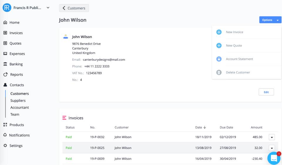 Screenshot of the new design of the customer page under the ‘Contacts’ tab in Debitoor invoicing software