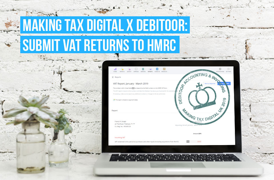 Debitoor accounting and invoicing software is HMRC approved. Submit your VAT returns easily from your account to HMRC, just like on this computer.