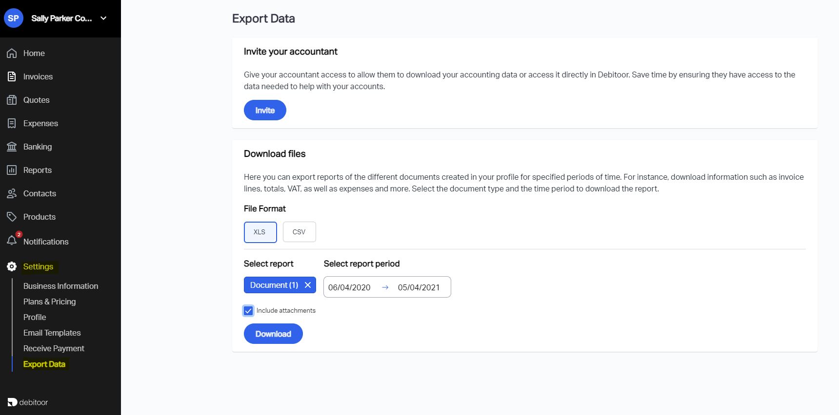 Screenshot showing export data option on Debitoor invoicing software