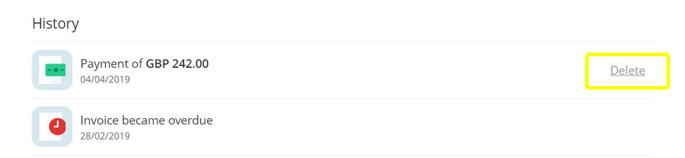 The delete payment option in the invoice history of Debitoor invoicing software