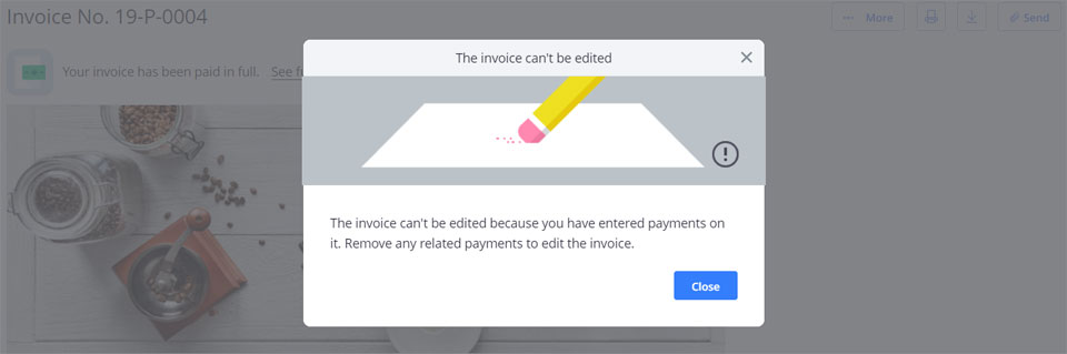 If you try to edit a ‘Paid’ invoice in Debitoor invoicing software, you’ll see this message asking you to first remove payments.