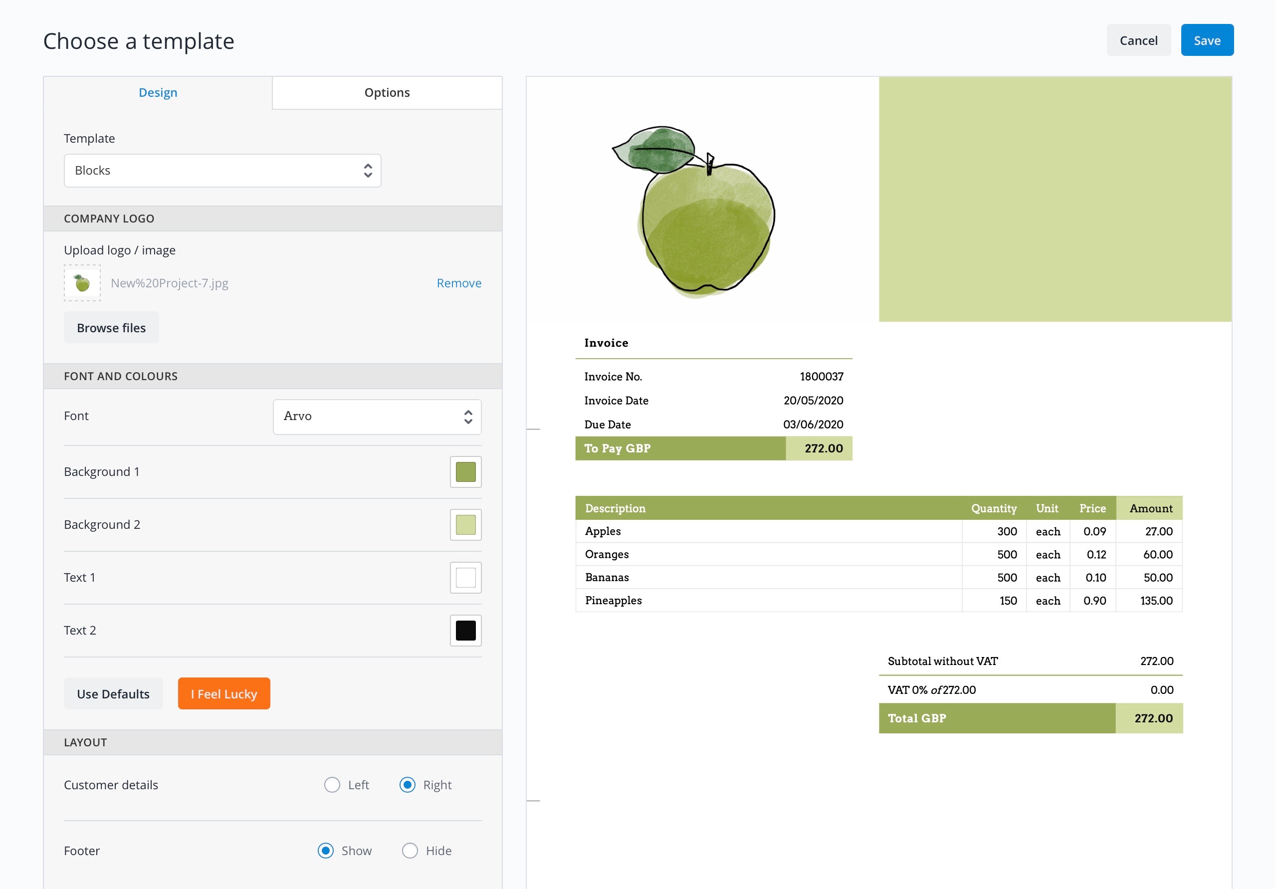 You can change the colour scheme of your invoices to match your company logo
