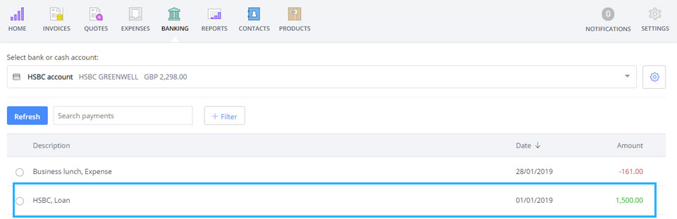 When you upload a bank statement with your loan amount, this is how it will appear as a line in that account in Debitoor accounting & invoicing software