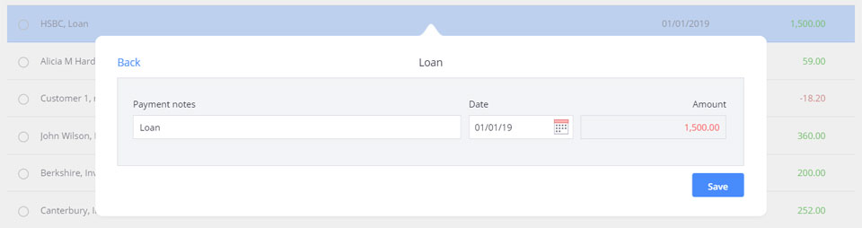 The loan account selected as the transfer account, with the loan balance in red, indicating a negative balance