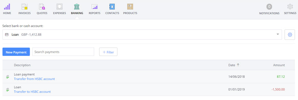 The loan account showing the transfer and a payment with updated balance