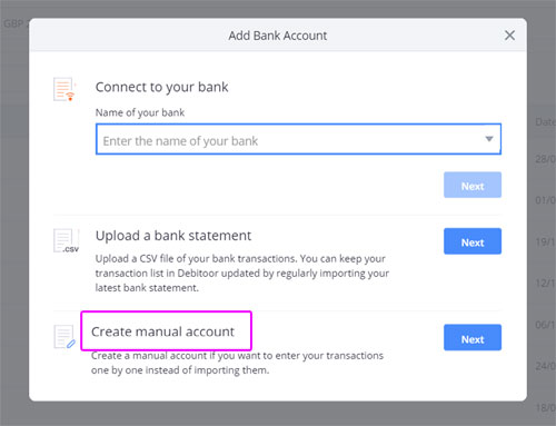 The window for creating a new bank account in Debitoor invoicing software