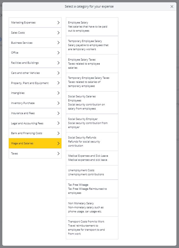 List of Debitoor payroll expense categories