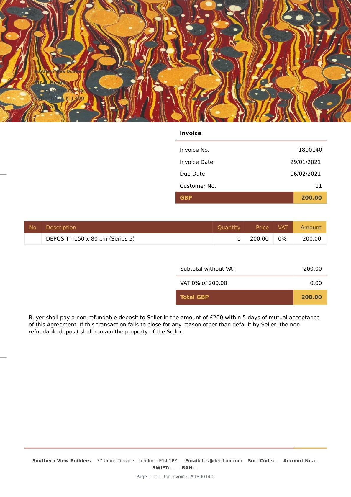 Here is an example of how an invoice for a deposit would look if you used Debitoor.