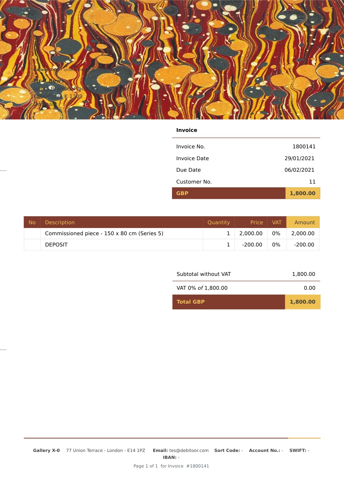 Here is an example of how an invoice should look if you have already requested a deposit from a customer.