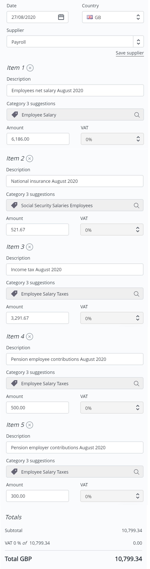 Example of how to enter payroll and pension on Debitoor