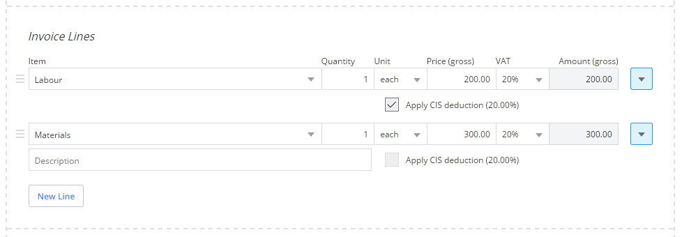 Select the items in your invoice template to which CIS applies