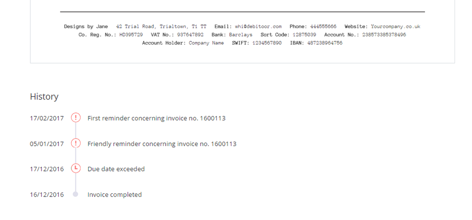 The history of each invoice created in Debitoor invoicing software is available: just scroll down