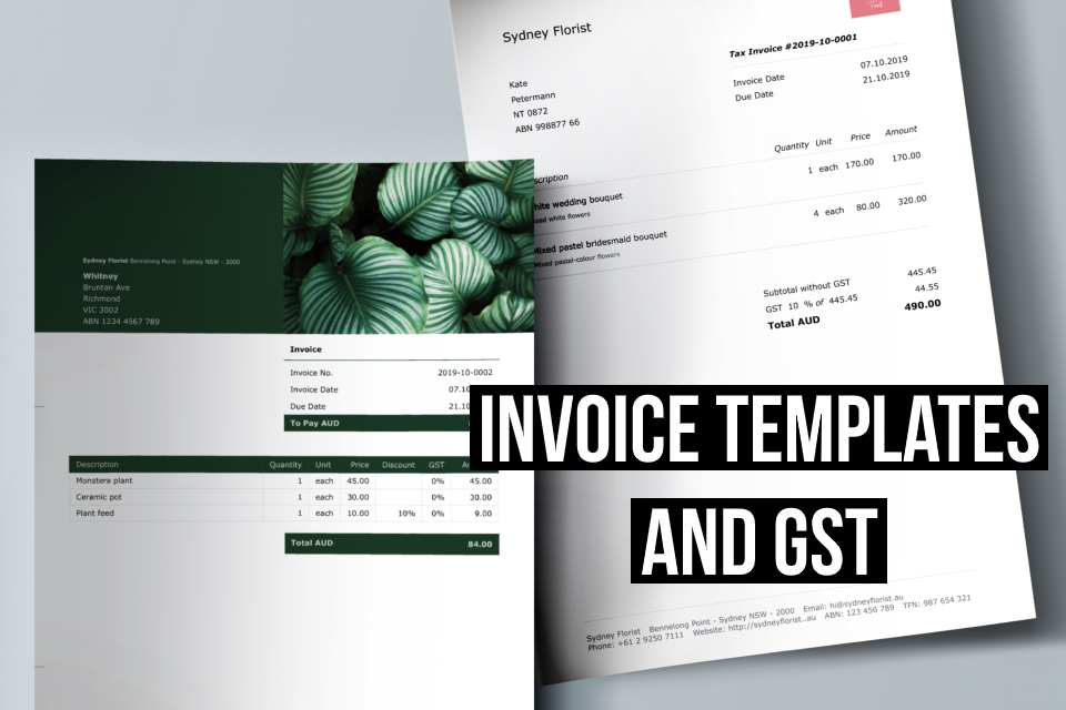Two invoices created with Debitoor invoicing software, one invoice template with GST and one invoice template with no GST