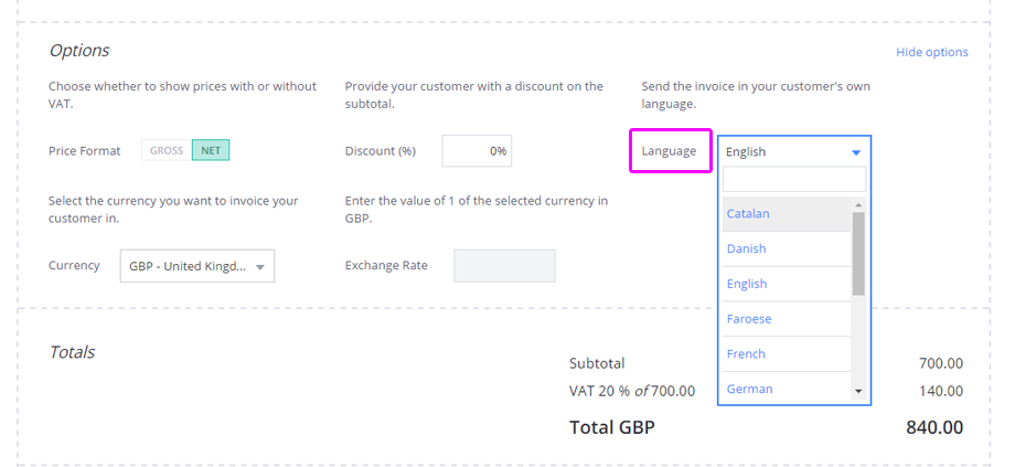 Changing the language of your invoice is as simple as selecting it from the dropdown menu in the Debitoor app.