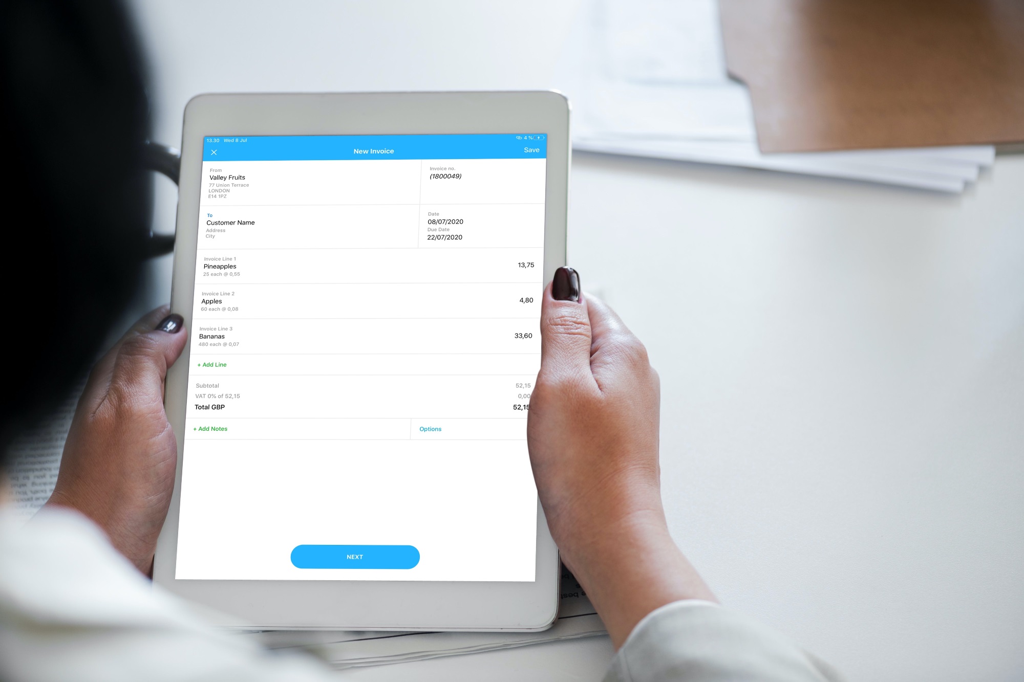 You can create your invoices on your iPad using the Debitoor iOS app. Add multiple lines to your invoice by clicking ‘+ Add Line’