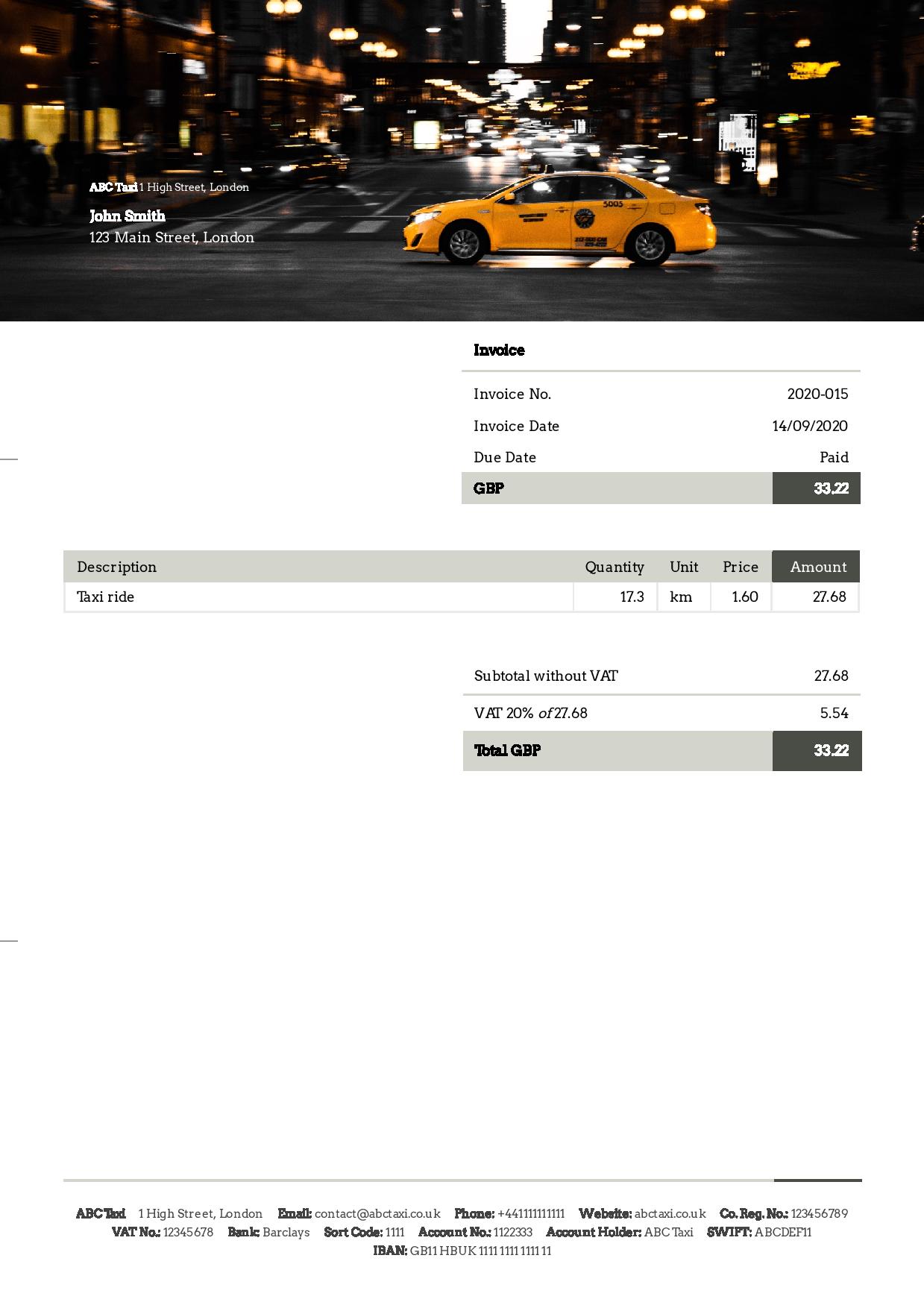 Taxi invoice example using Debitoor invoicing software