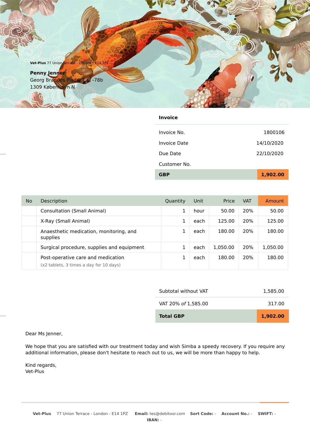 Here is an example of a vet invoice created with invoicing software