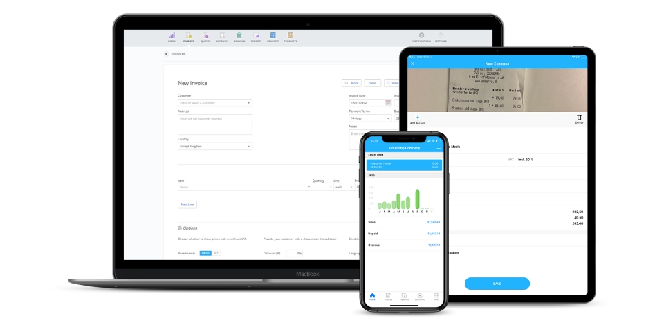 A mockup of Debitoor invoicing software on a laptop, and the Debitoor mobile invoicing app on an iPhone and iPad