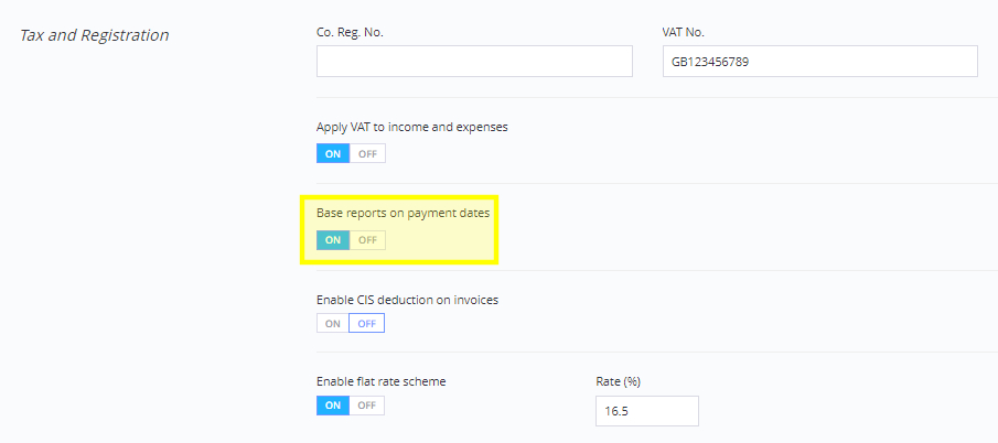 A screenshot showing how to activate cash accounting in Debitoor invoicing software